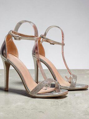 Womens Rhinestone Ankle Strap High Heel Sandals Silver Elegant Formal Party Shoe